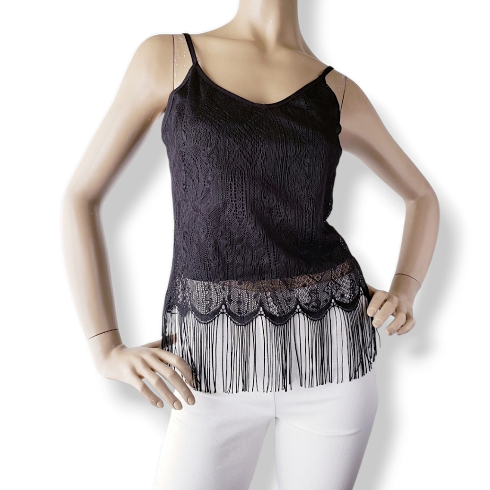 Miss California 90s Vintage Black Lace Scalloped Fringe Hem Top